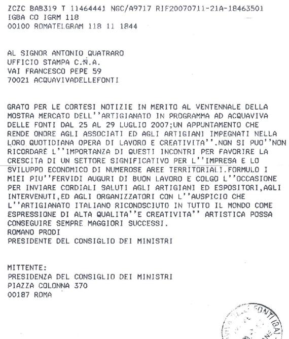 Telegramma di Romano Prodi